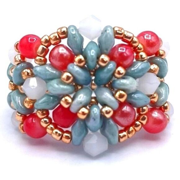 Sky Blue with Pink and White Opal Pearl Crystal Beaded Statement Ring Size 10 - Picture 1 of 8
